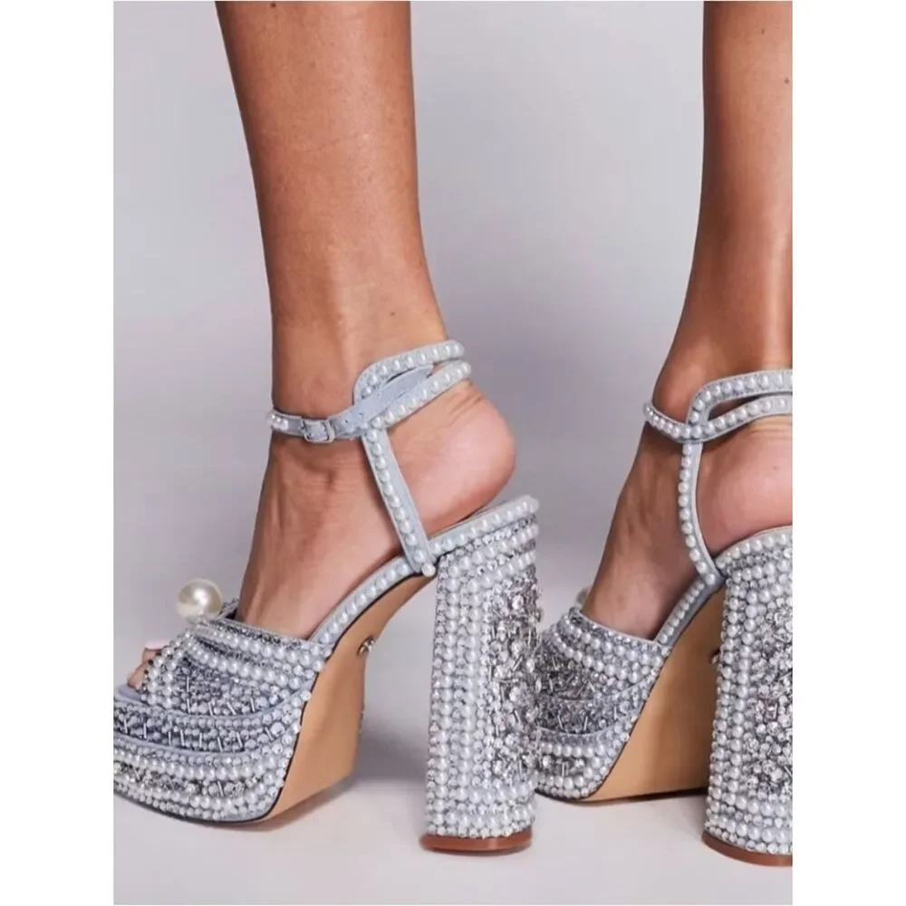 Azalea Wang SomethingBlue Pearl and Rhinestone Ornamented  Sandals NWT $170